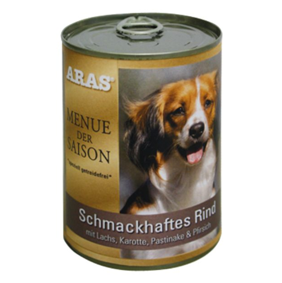 NEU Nassfutter Hund Saison ARAS: Rind mit Lachs / Karotte / Pastinakle & Pirsich (410g Dose)